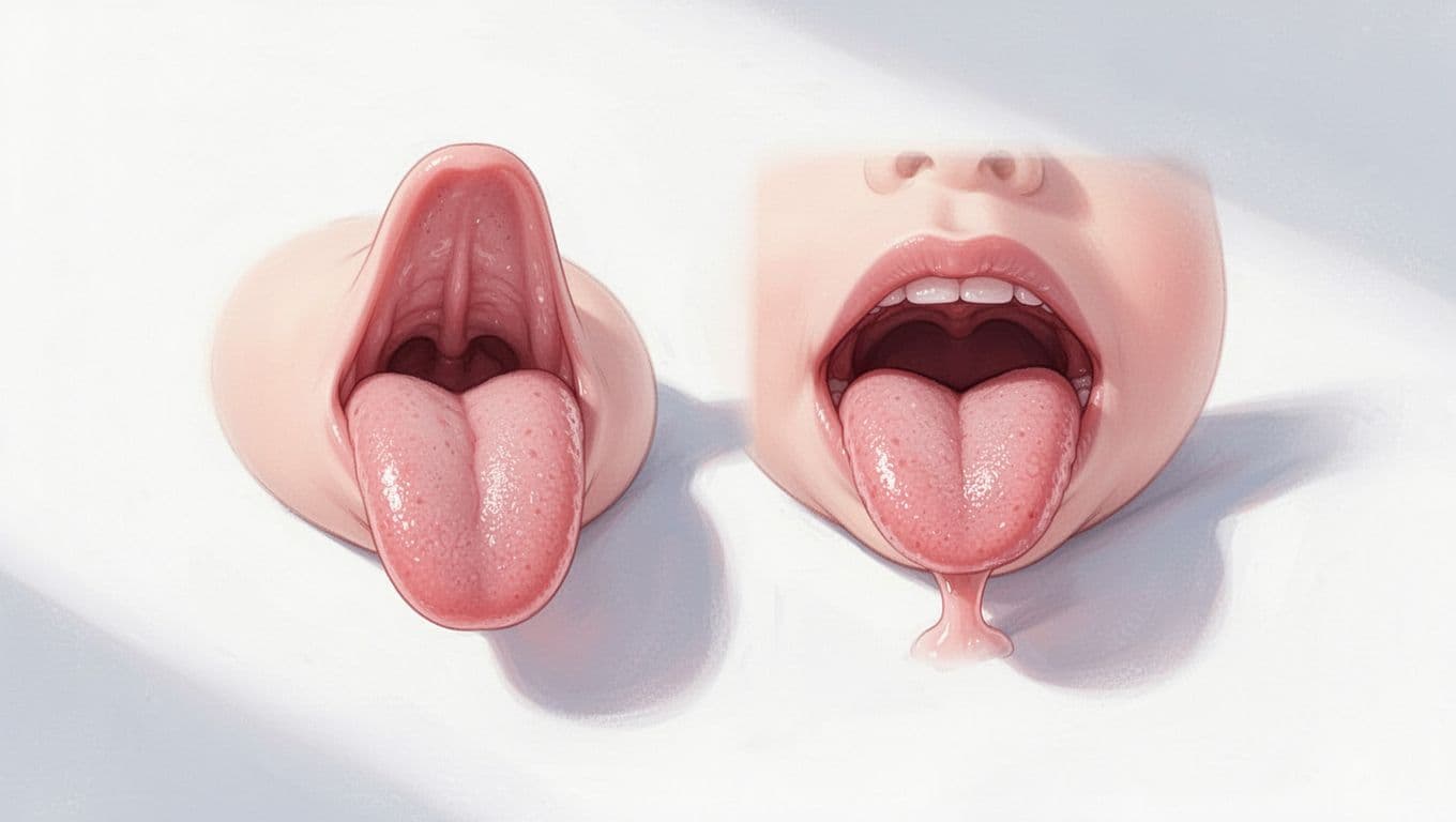 Side-by-side illustration of normal flexible lifted baby tongue and mild heart-shaped tongue-tie with short frenulum.