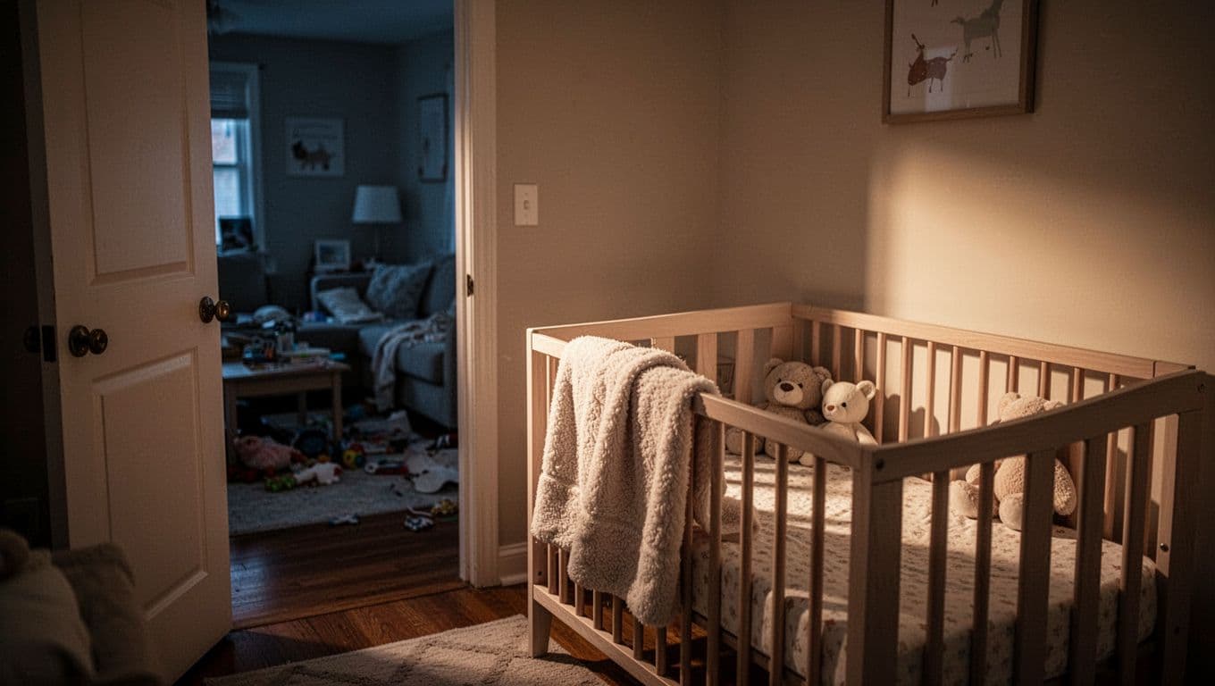 A tranquil baby nursery features soft warm lighting and organized shelves in the foreground. Beyond a partially open doorway, the adjacent living area appears dimly lit and filled with scattered household items.