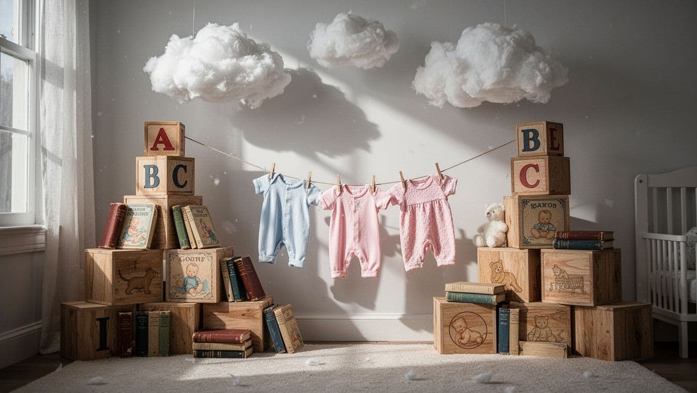 Wooden building blocks and vintage books are neatly arranged on a table beneath fluffy hanging clouds. Tiny baby clothes hang from a rustic string, creating a charming and nostalgic celebratory setting.