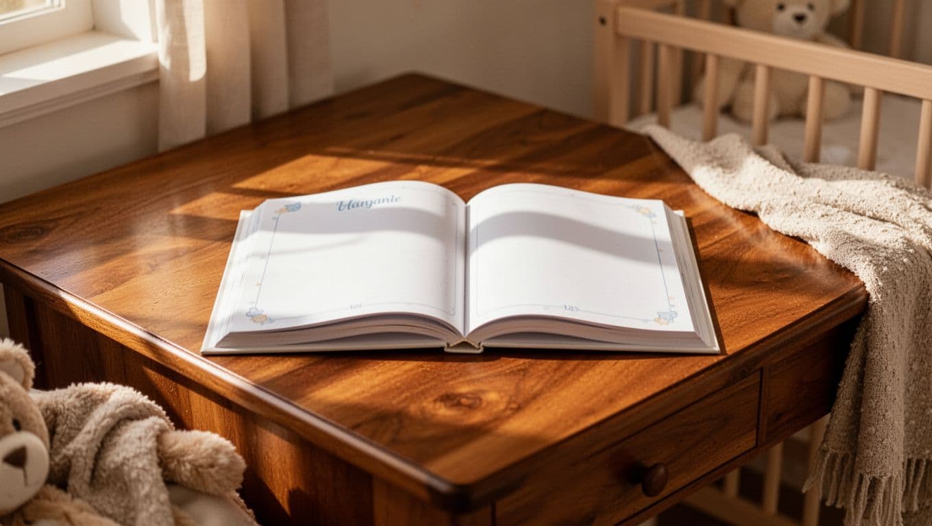 An open vintage baby name book rests on a polished wooden desk inside a sun-drenched nursery. Warm golden light filters through sheer curtains, casting soft shadows across the peaceful room decor.
