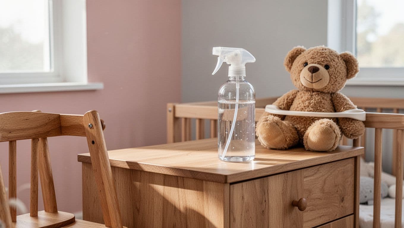 Clear glass spray bottle half-filled with liquid sits on wooden nursery dresser beside high chair leg and plush teddy bear in pastel nursery.