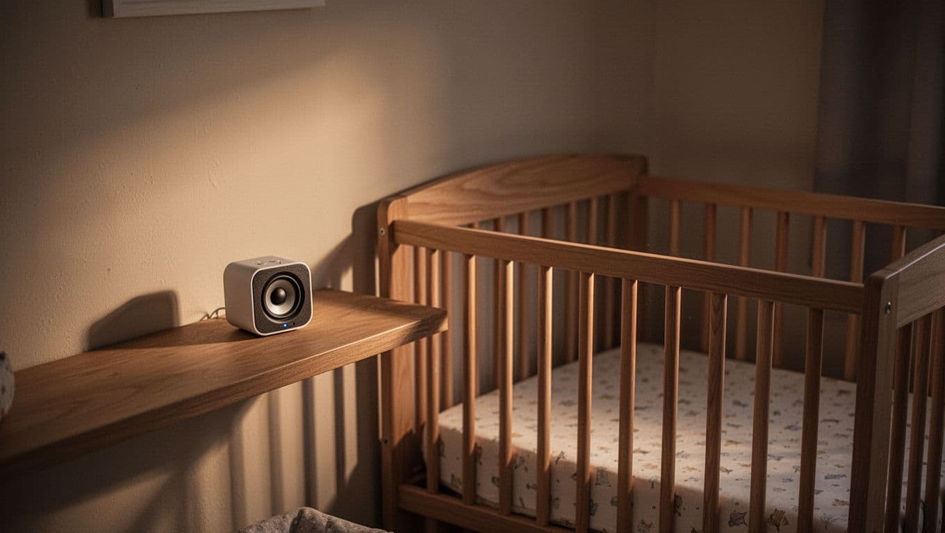 White noise machine on wooden shelf next to empty crib in dim nursery corner with soft lighting.