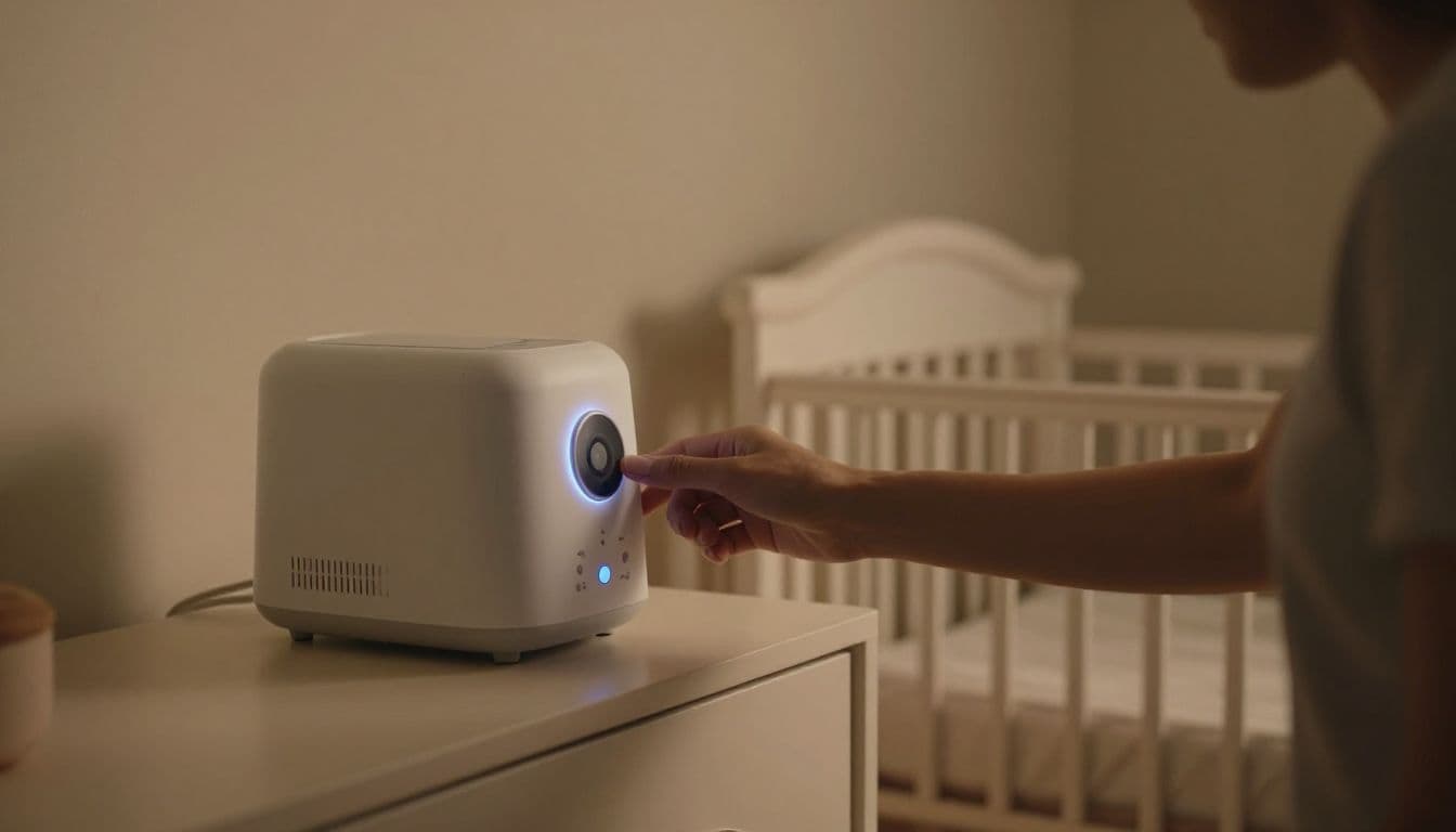A parent softly touches a white noise machine resting on a wooden dresser. The room is filled with warm, ambient light that highlights the nearby crib and creates a cozy environment.