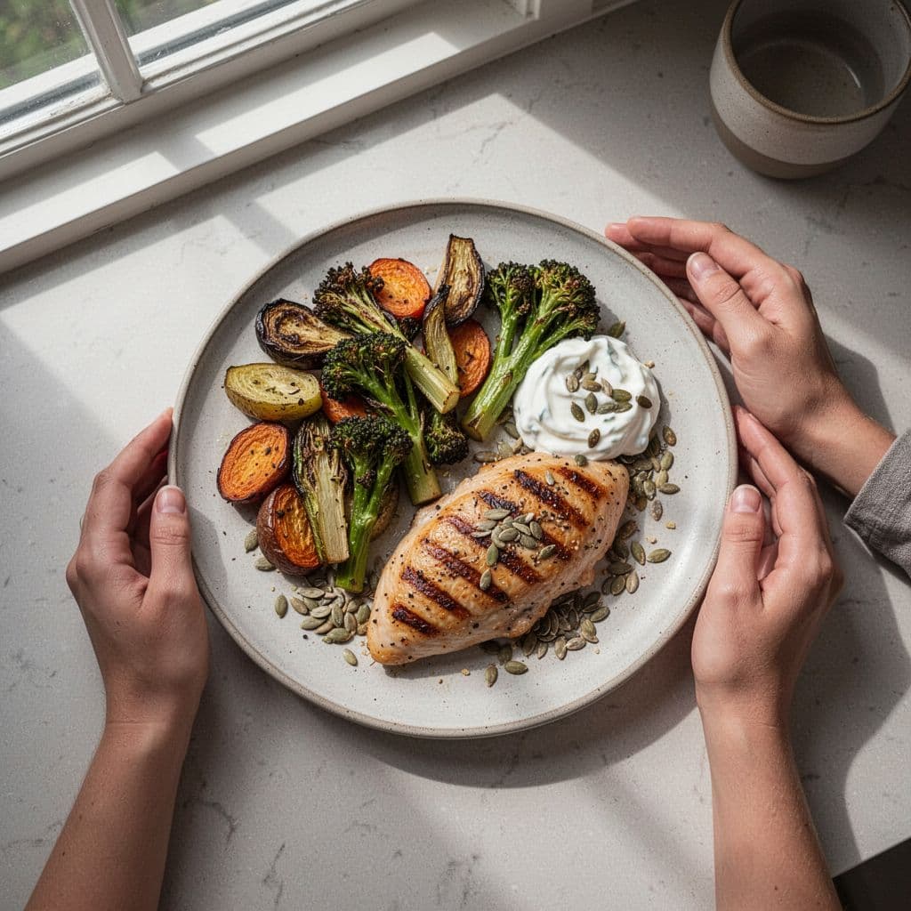 Overhead view of grilled chicken, cooked vegetables, yogurt dollop, and seeds on plate with hands nearby in kitchen.