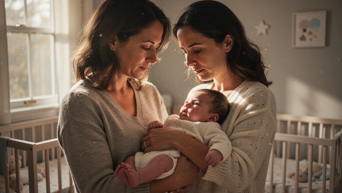 A loving parent cradles a peaceful infant within a sun-drenched nursery. Warm golden light streams through the window, highlighting the gentle expression and soft textures of the room's cozy decor.