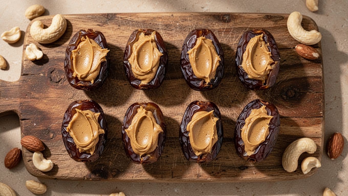 Split Medjool date halves stuffed with creamy nut butter on rustic wooden plate, scattered nuts nearby.