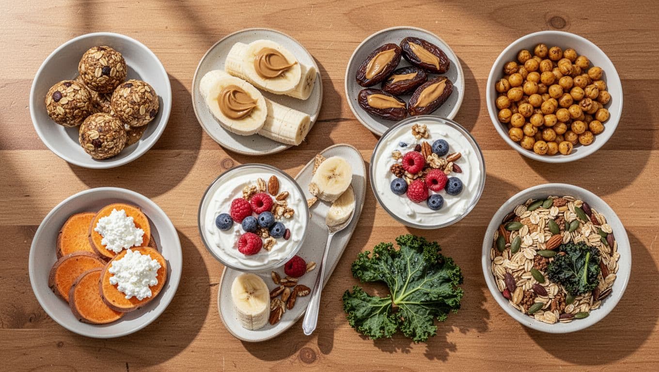 Top-down view of snacks like oatmeal bites, yogurt with berries, banana with peanut butter, and trail mix on wooden table.
