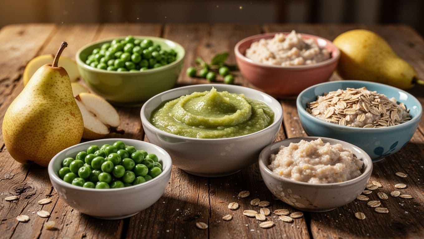 Small ceramic bowls containing mashed pears, vibrant green peas, and warm oatmeal sit on a textured rustic wooden table. Soft, warm lighting emphasizes the unique textures of each healthy meal option.