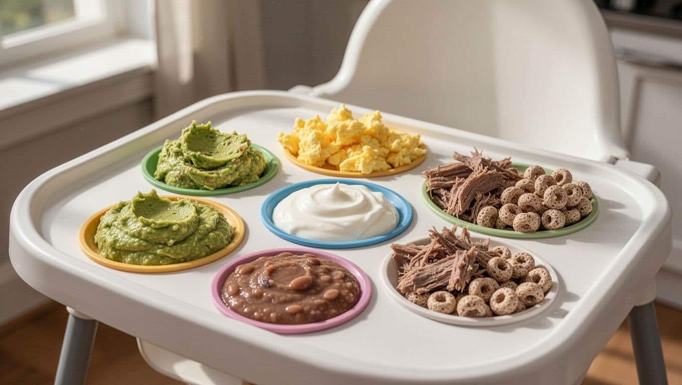 High chair tray with small portions of mashed avocado, scrambled eggs, yogurt, pureed beans, shredded meat, and cereal puffs.