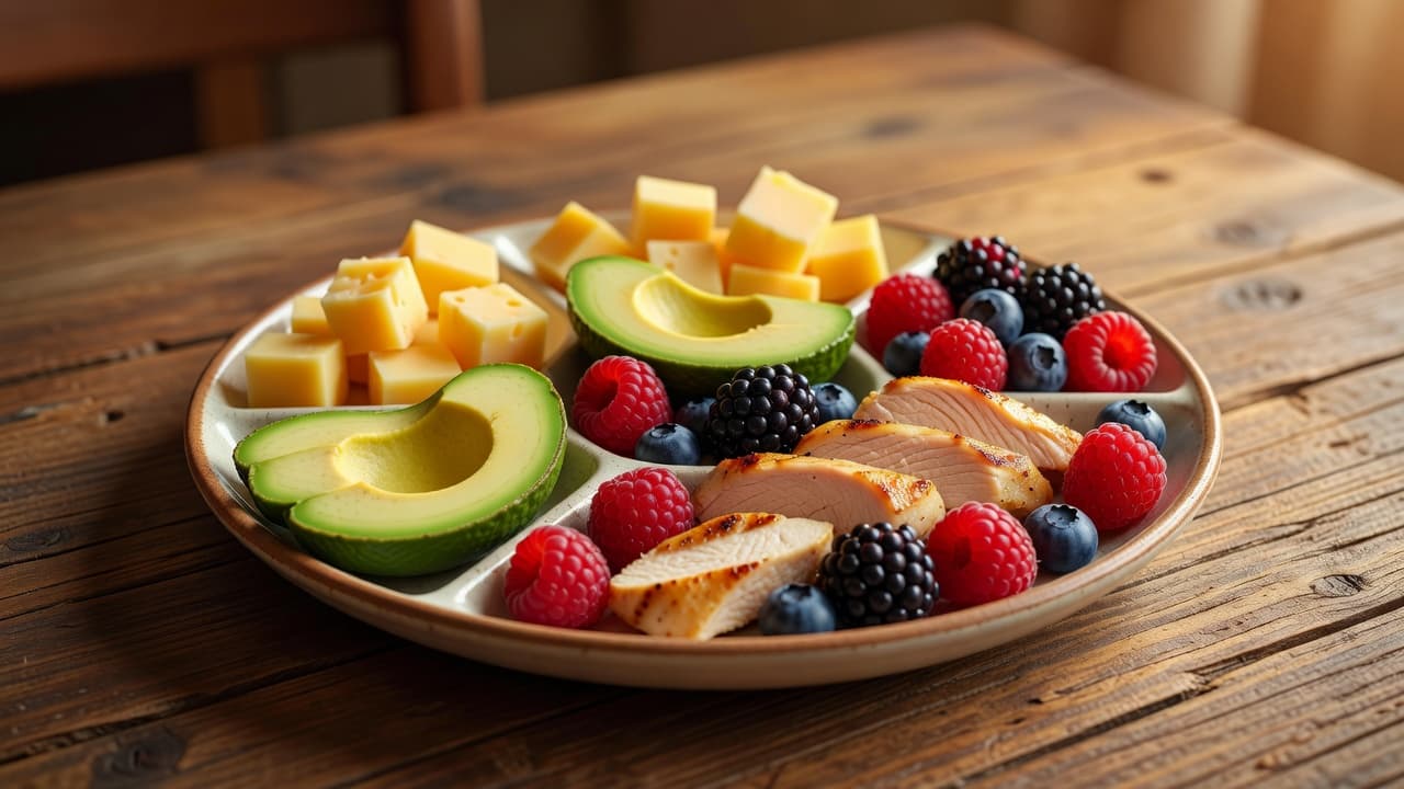 A partitioned wooden plate holds nutritious snacks for children, featuring cubed cheese, creamy avocado slices, tender grilled chicken, and fresh berries. The vibrant colors are highlighted by warm, inviting cinematic lighting.