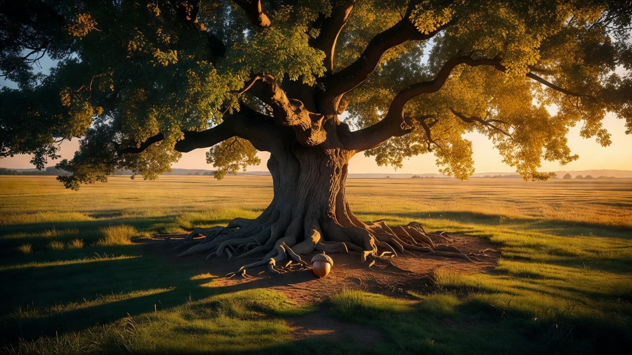A massive, thick-trunked oak tree stands alone in the center of an expansive grassy field. Glowing sunset light illuminates the sprawling canopy, casting long, dark, dramatic shadows across the rolling landscape.