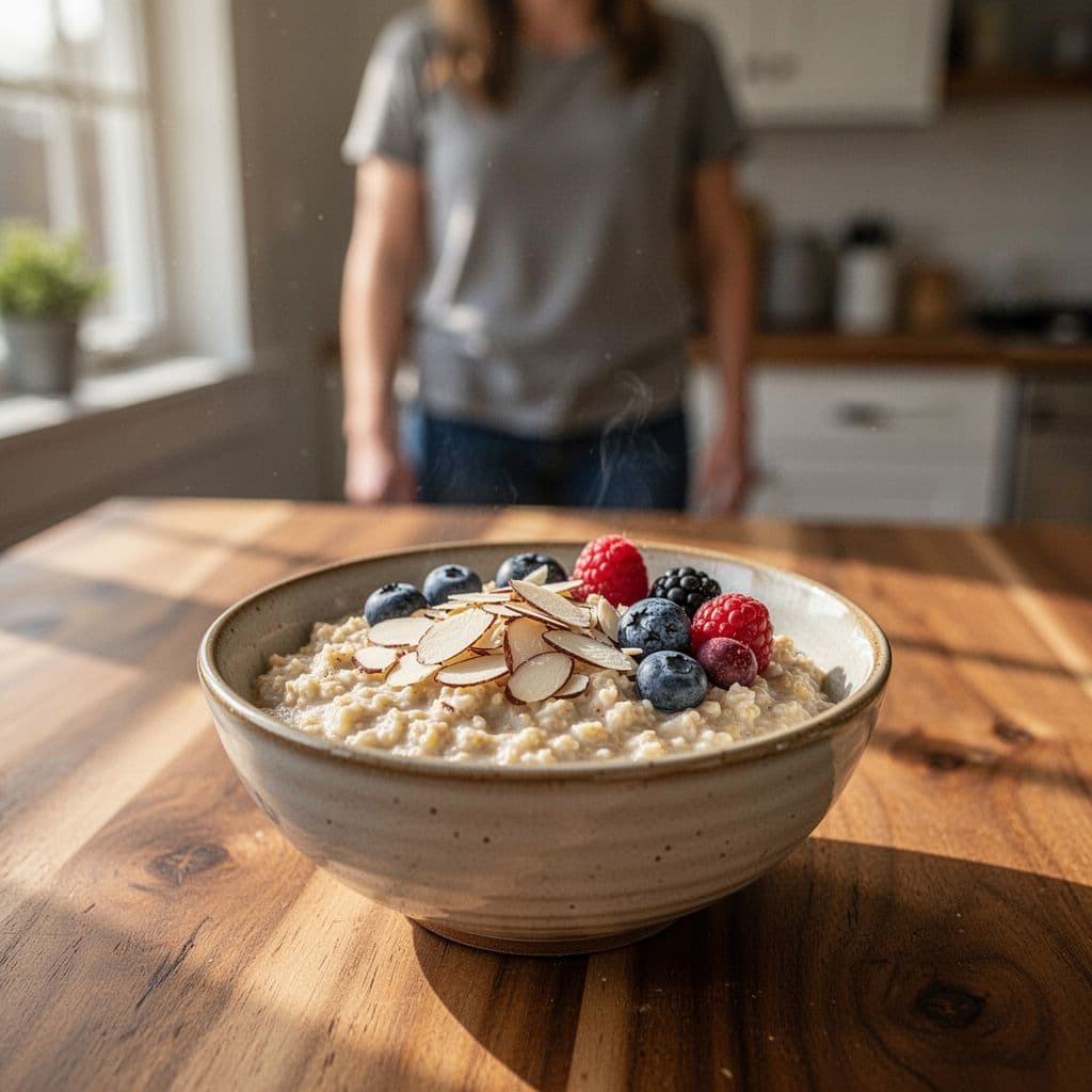 Close-up of a bowl of oats with almonds and berries on a wooden kitchen table, blurred person in background.
