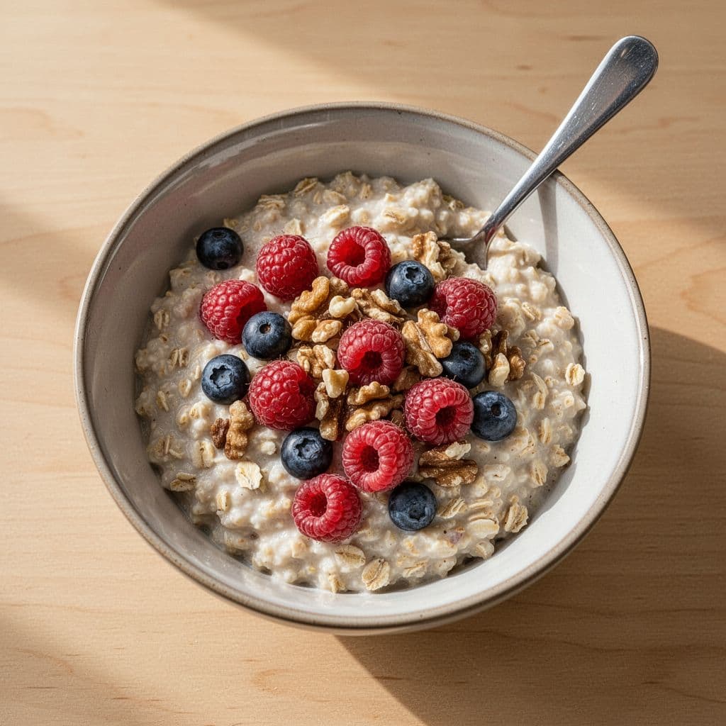 A top-down view of a ceramic bowl filled with oatmeal, fresh berries, and walnuts on a wooden table.