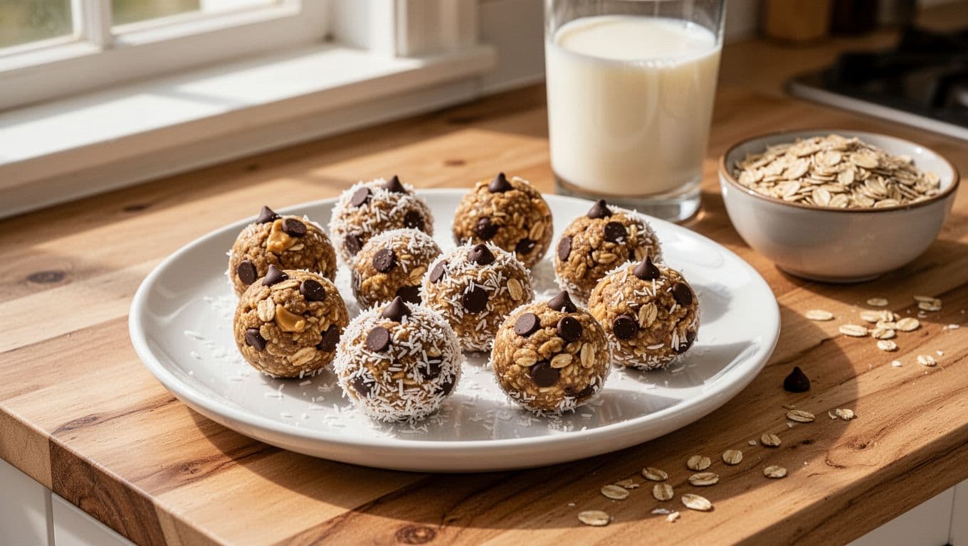 Oatmeal energy bites rolled in coconut flakes and chocolate chips scattered on white plate with milk glass and oats nearby.