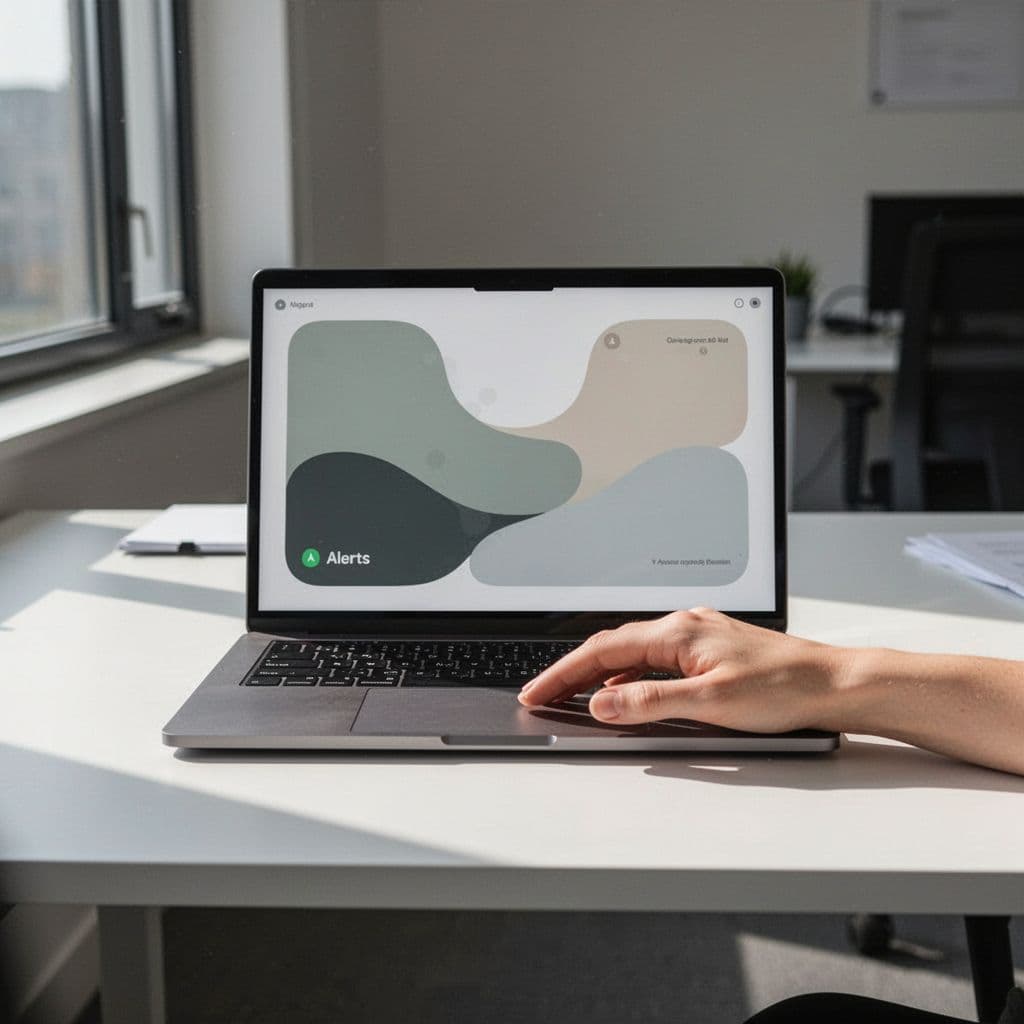 Clean office desk holds laptop showing abstract security alert screen, hand rests near keyboard.