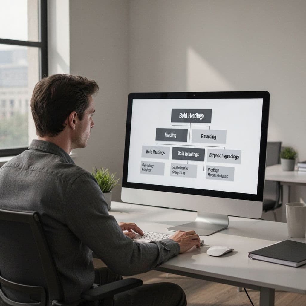 Person at desk in clean office looks at computer screen showing hierarchical document outline with bold headings.
