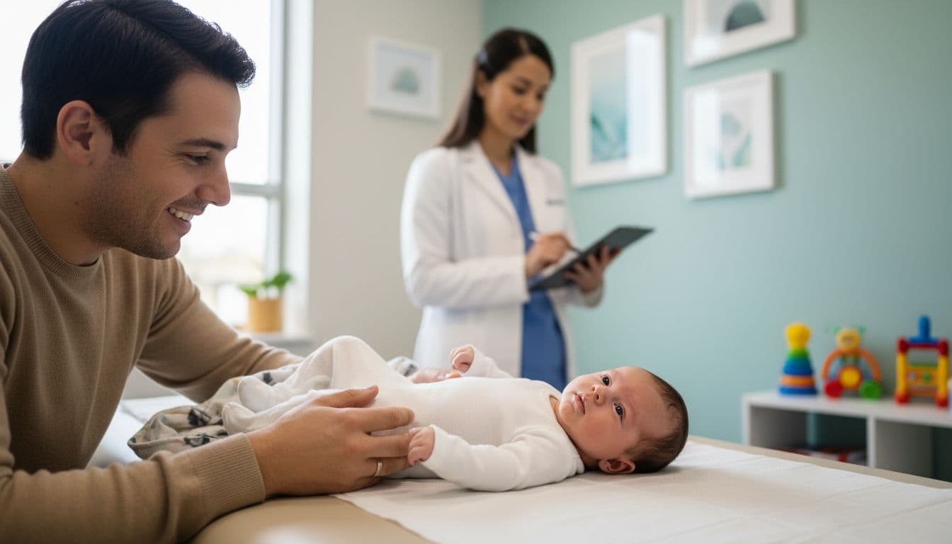 Smiling parent holding calm one-month-old baby on exam table during pediatrician one-month checkup, doctor in background reviewing chart in clean bright medical office.