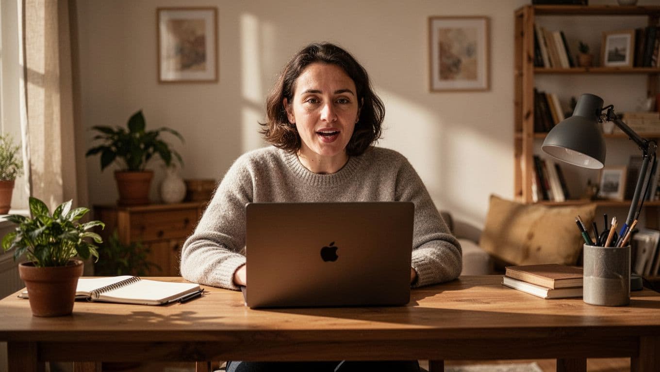 A focused individual sits at a wooden home desk while speaking into a microphone during an online video call. Soft warm light illuminates their face against a blurred living room background.