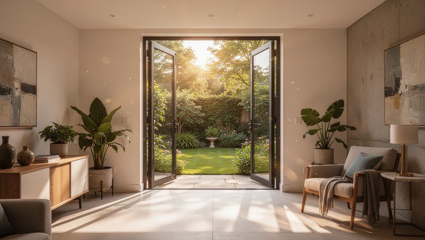 An open doorway frames a lush, vibrant garden bathed in warm golden hour sunlight. The high contrast creates dramatic deep shadows in the foreground that lead the eye toward the glowing greenery.