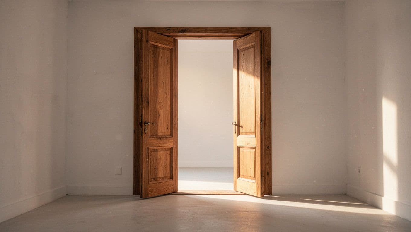 A rustic wooden door frame stands in the center of an empty, minimalist room. Soft golden morning light pours through the opening, casting long, defined shadows across the polished floorboards.