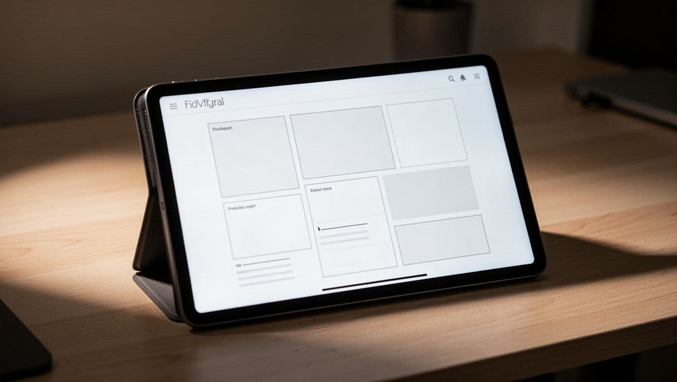 A sleek digital tablet rests on a dark desk, showcasing a structured e-commerce product page layout with clearly defined navigation, large imagery areas, and intuitive call-to-action buttons for better readability.