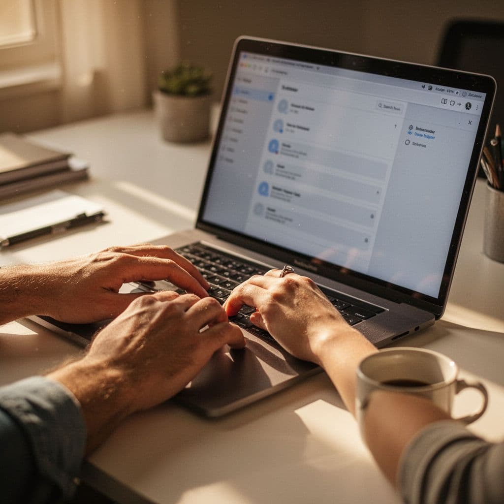 A close-up view shows hands typing on a sleek silver laptop keyboard. Warm sunlight illuminates the organized desk surface, highlighting the digital profile interface displayed clearly on the high-resolution screen.