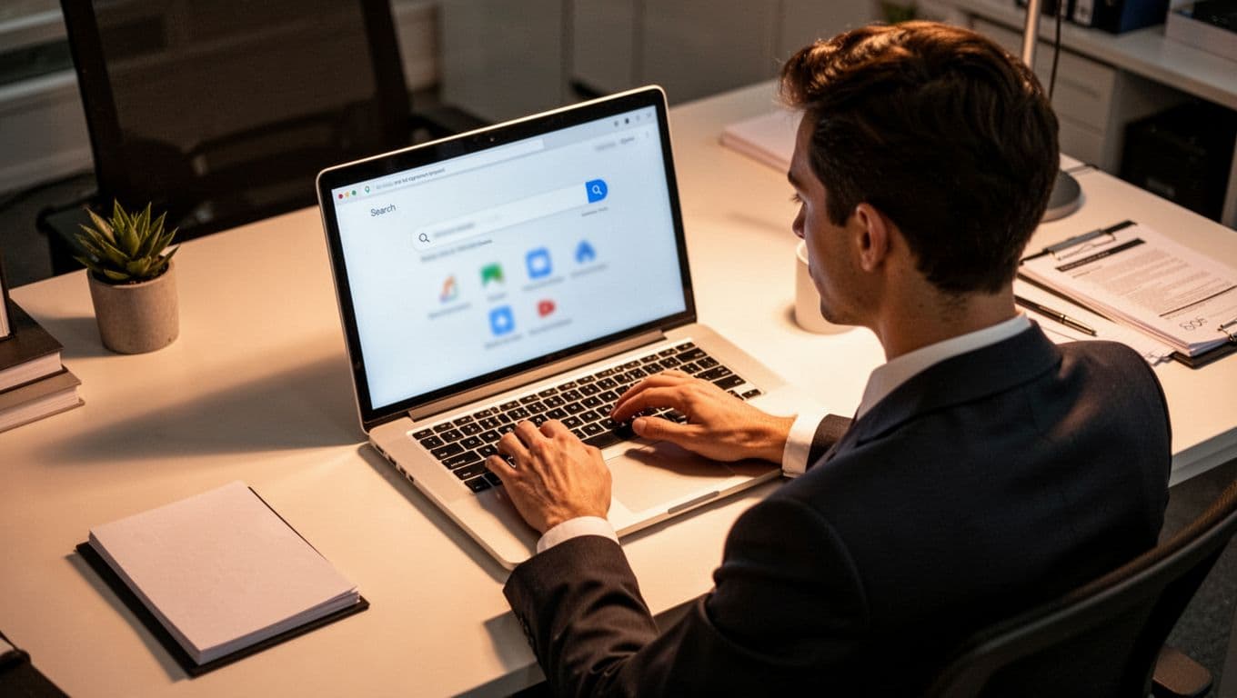 A person sits at a minimalist wooden desk using a laptop. The screen displays a focused search interface, highlighting specific product terminology under warm ambient lighting that suggests a productive session.