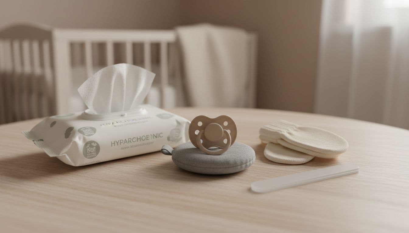 Close-up of a small assortment of optional baby items on a wooden table in a neutral nursery setting with warm lighting, including pacifier in holder, hypoallergenic wipes, soft mittens, and baby nail file.