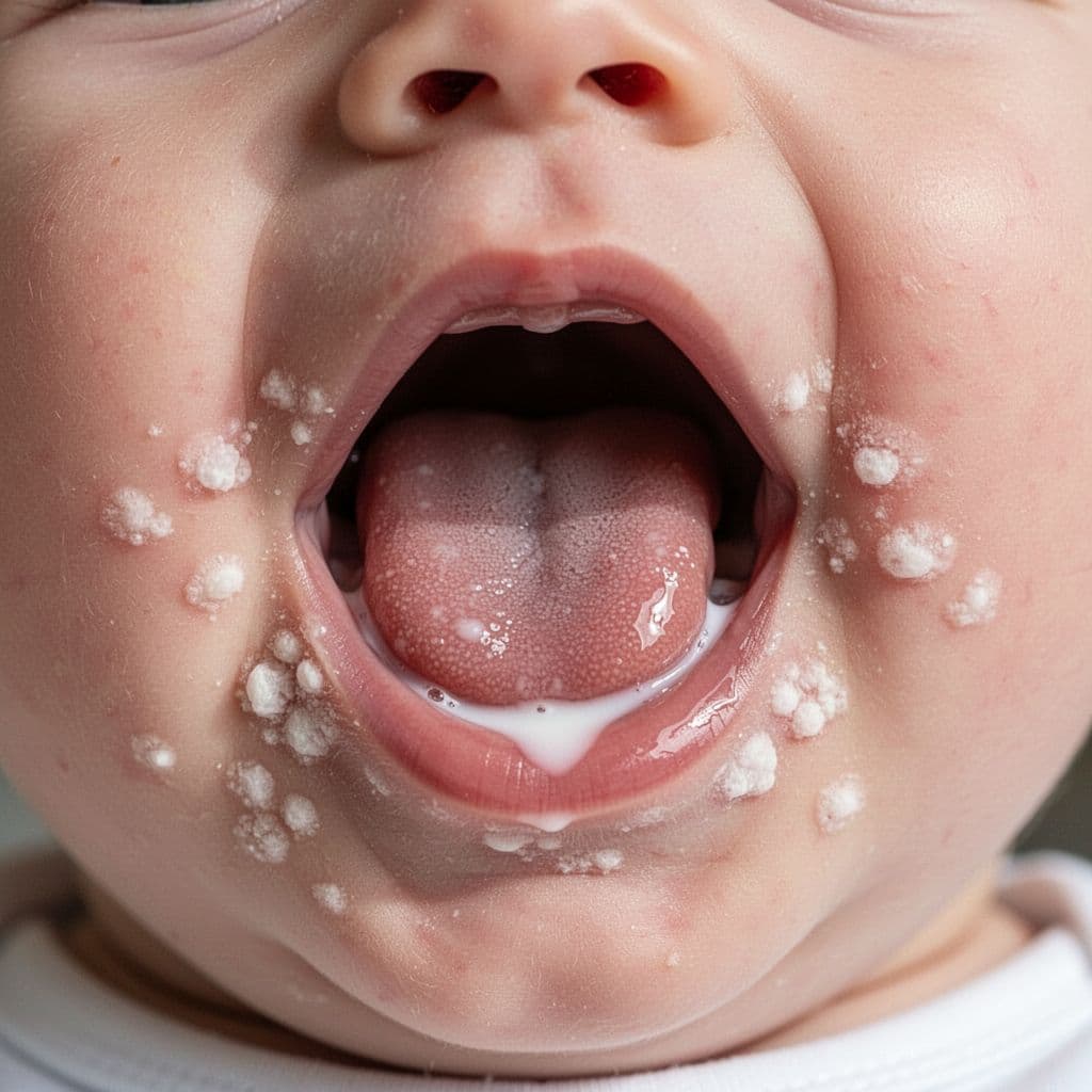 A close-up view of an infant mouth showing white oral thrush patches versus milk residue on the tongue.