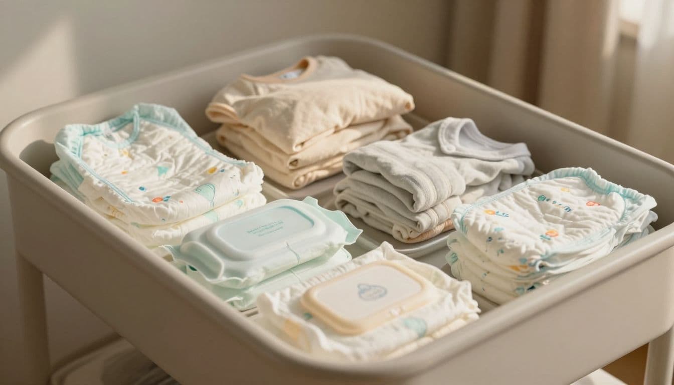 A cream-colored fabric organizer sits on a wooden changing table, neatly holding stacks of diapers, baby wipes, and folded soft onesies. Warm natural light illuminates the clean and functional arrangement.