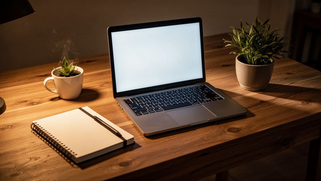An open laptop sits beside an organized notebook and a vibrant green plant on a polished wooden desk. Warm, dramatic light highlights the textures and creates a calm, focused workspace atmosphere.