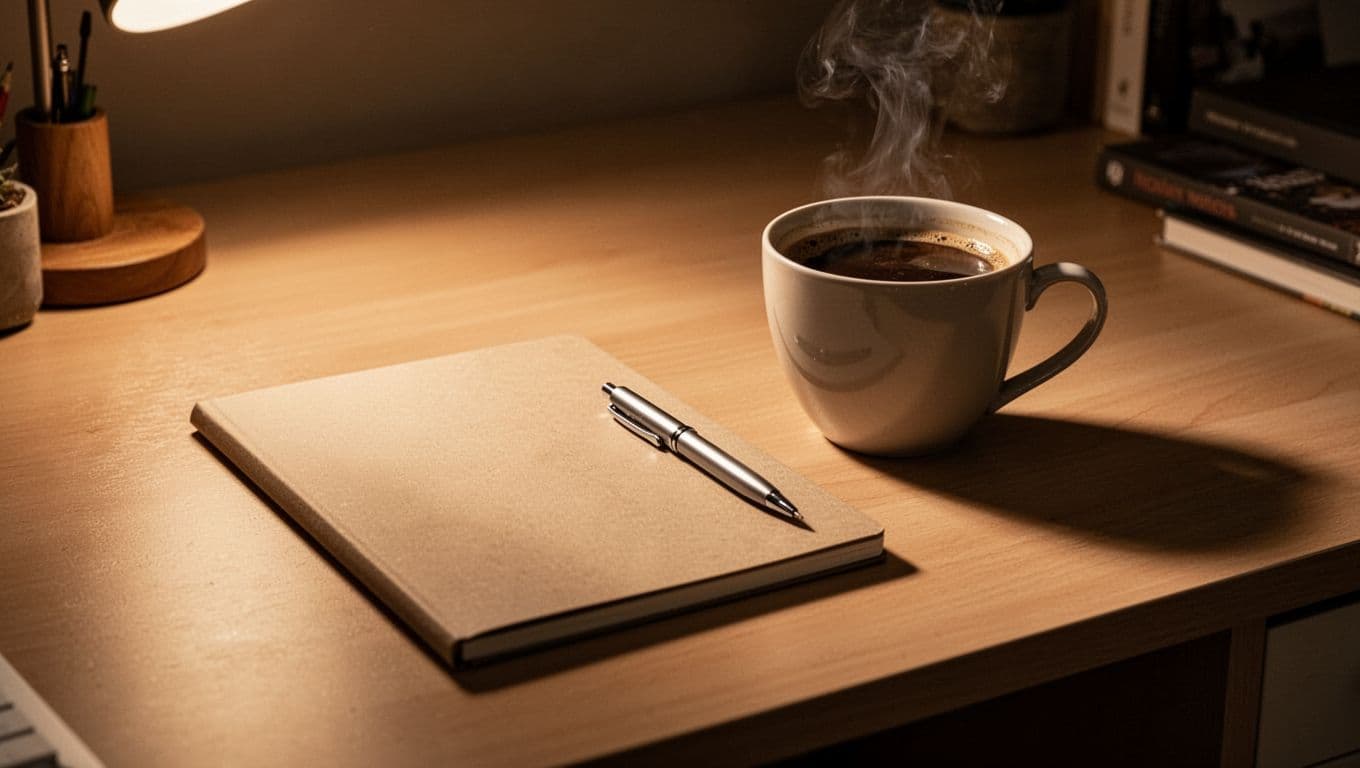 A notebook, sleek black pen, and a steaming mug of coffee rest upon a dark wooden surface. Warm light creates dramatic shadows, emphasizing an organized workspace dedicated to financial planning.