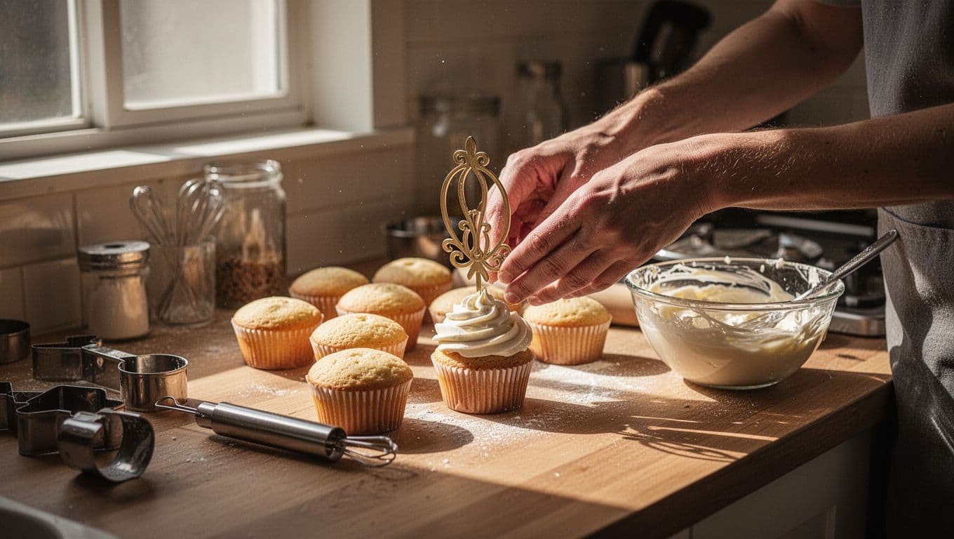 A pair of hands carefully places a decorative topper onto a plain cupcake. Nearby, a stainless bowl of frosting and assorted baking tools sit on a clean, sunlit kitchen surface.