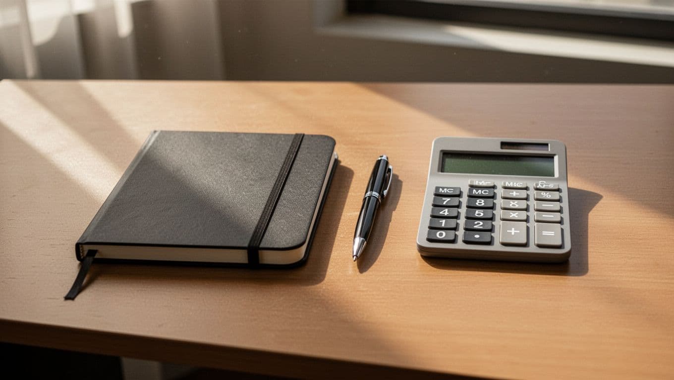 A clean wooden desk surface features a leather notebook, a sleek metallic pen, and a simple desktop calculator. Soft, warm natural sunlight illuminates the setup, creating deep shadows and professional atmosphere.