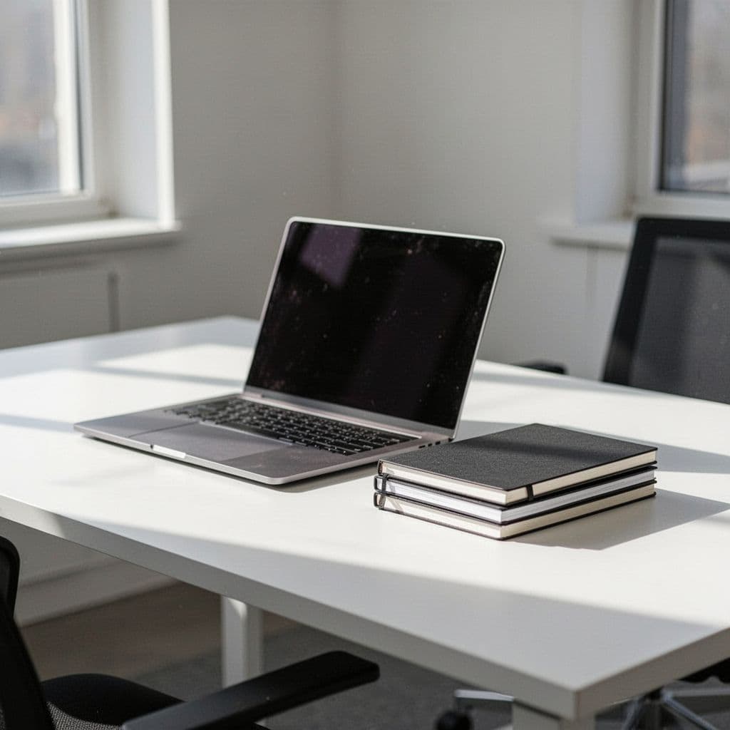 Tidy desk holds one laptop and stacked notebooks in bright daylight minimalist office.