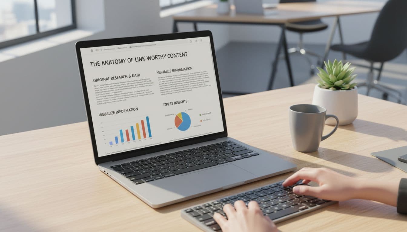 A clean office workspace features a laptop showing a structured digital article with charts and headings.
