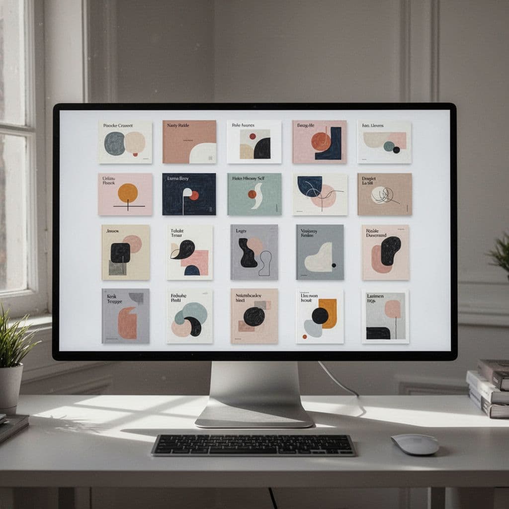 A clean grid of minimalist board covers is arranged neatly on a bright digital workspace screen.