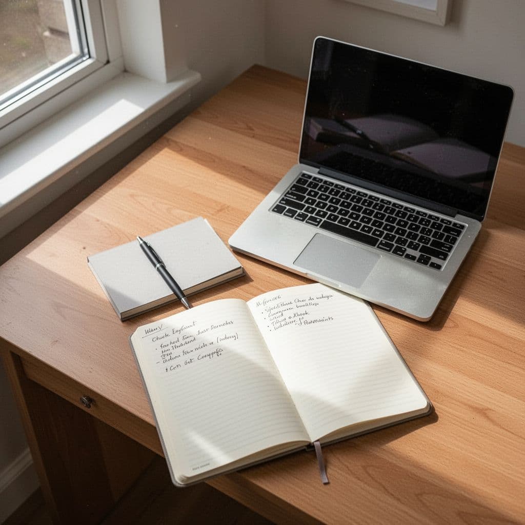 A clean desk featuring a laptop and a handwritten checklist in a notebook.