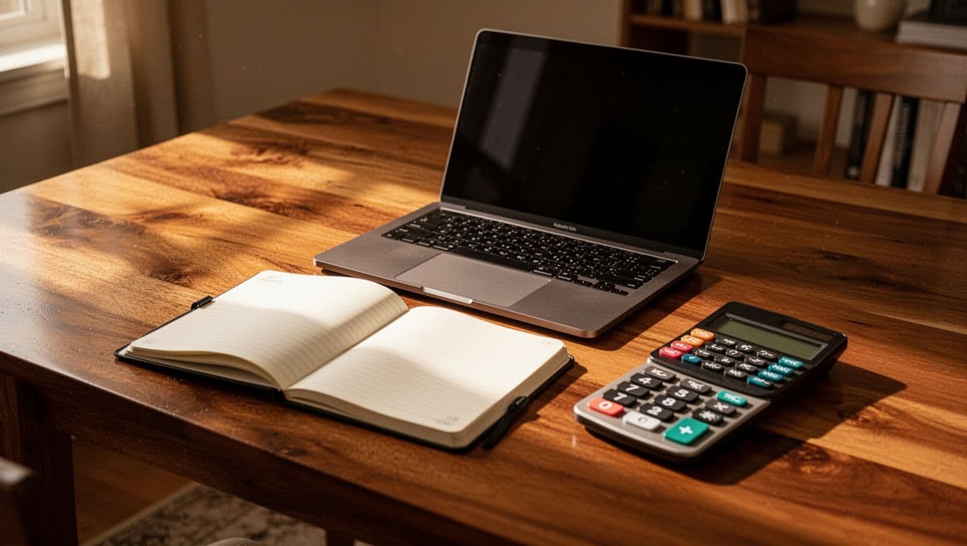 A wooden desk features a laptop, notebook, and calculator arranged for productivity. Warm cinematic lighting creates deep shadows across the clean surface, highlighting the tools needed for efficient financial bookkeeping tasks.