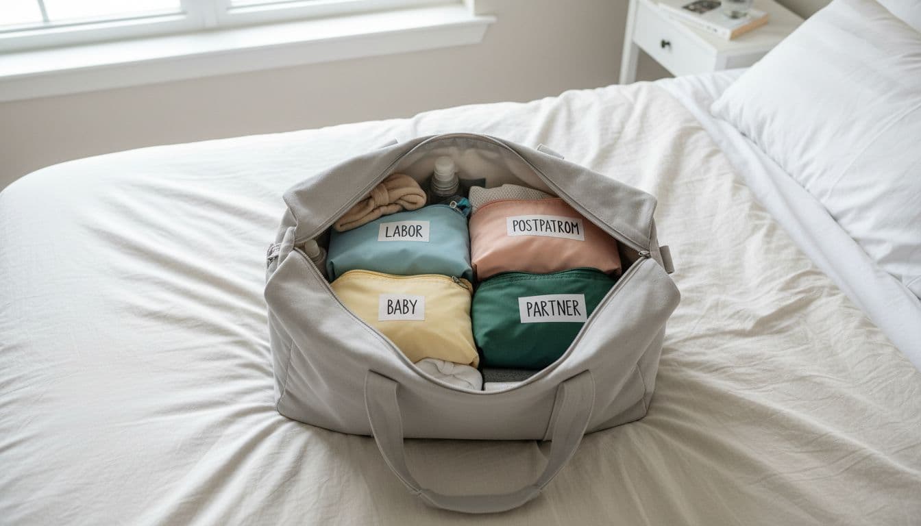 Realistic top-down photo of an open hospital bag on a bed, showing four labeled pouches for labor items, postpartum supplies, baby clothes, and partner essentials in a clean bedroom with soft natural light.