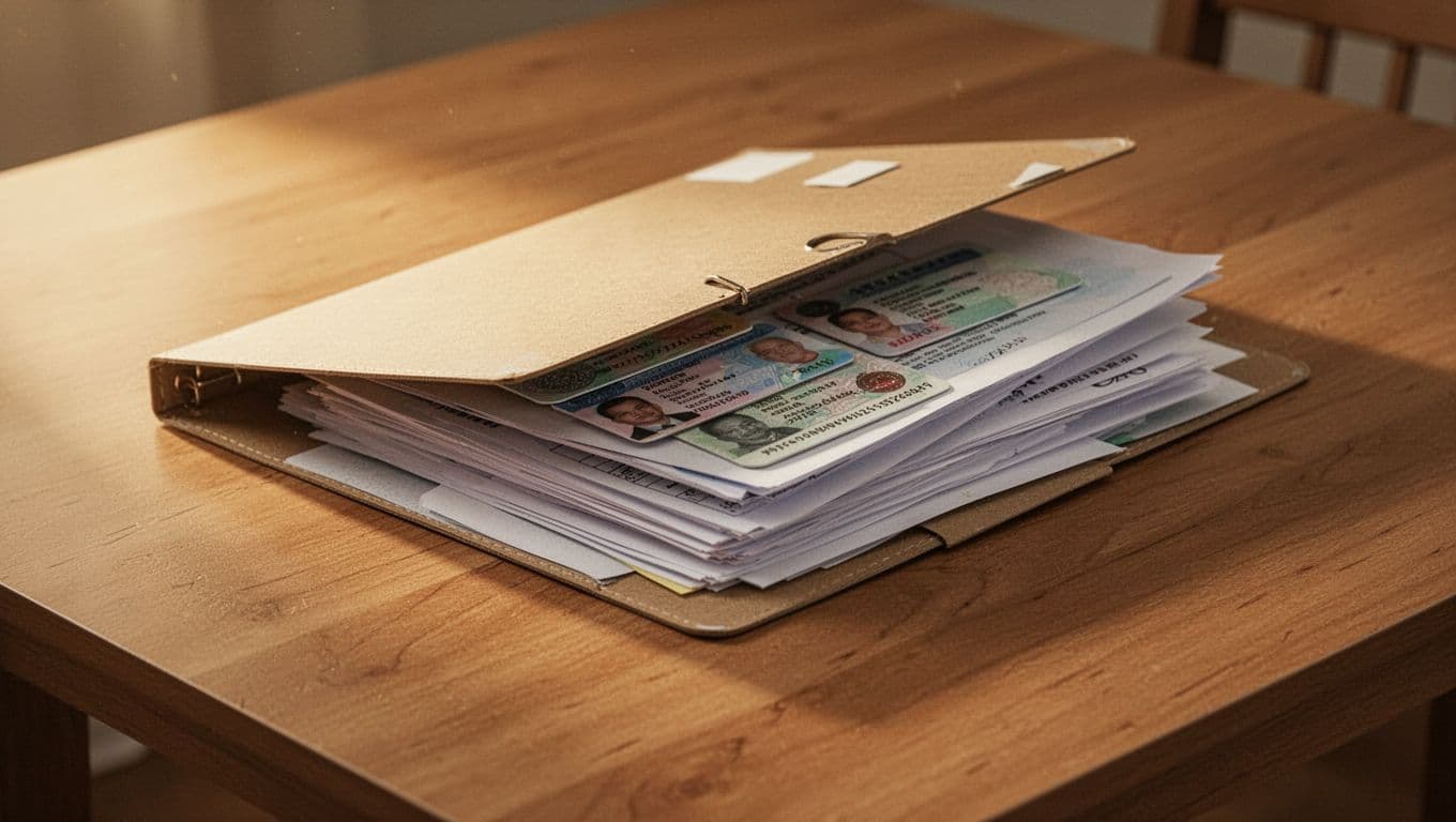 An open folder rests on a textured wooden table, displaying various identification cards and official paperwork. Warm light highlights the smooth surface of the documents and the dark wooden grain nearby.