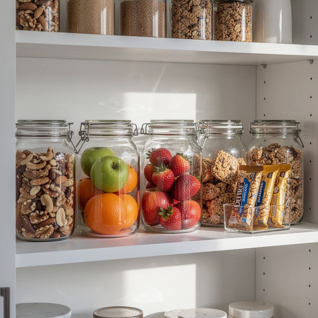 A well-organized kitchen shelf features clear jars of nuts, fresh fruit, and healthy granola bars.