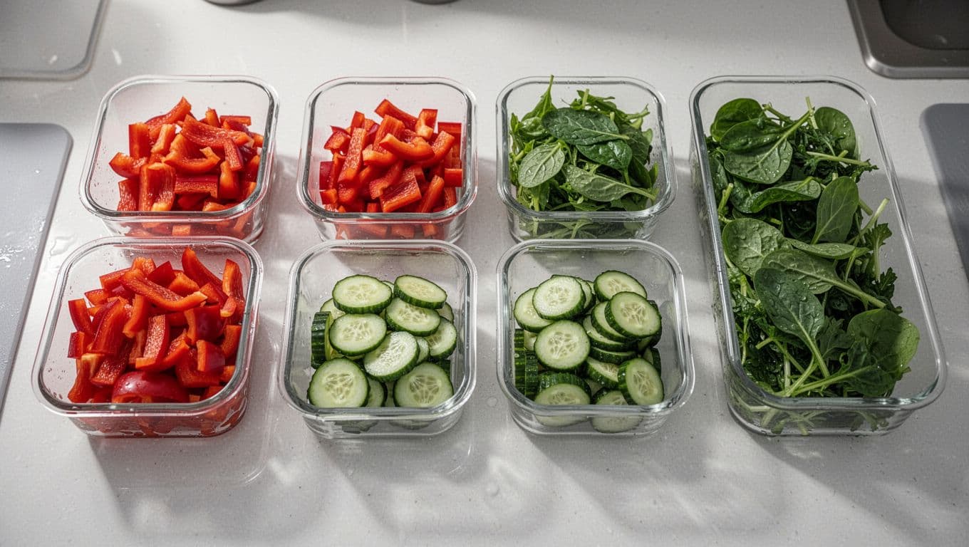 Clear glass containers hold vibrant bell peppers, sliced cucumbers, and crisp greens arranged on a clean countertop. Soft natural light emphasizes the fresh textures and an efficient, tidy cooking station.