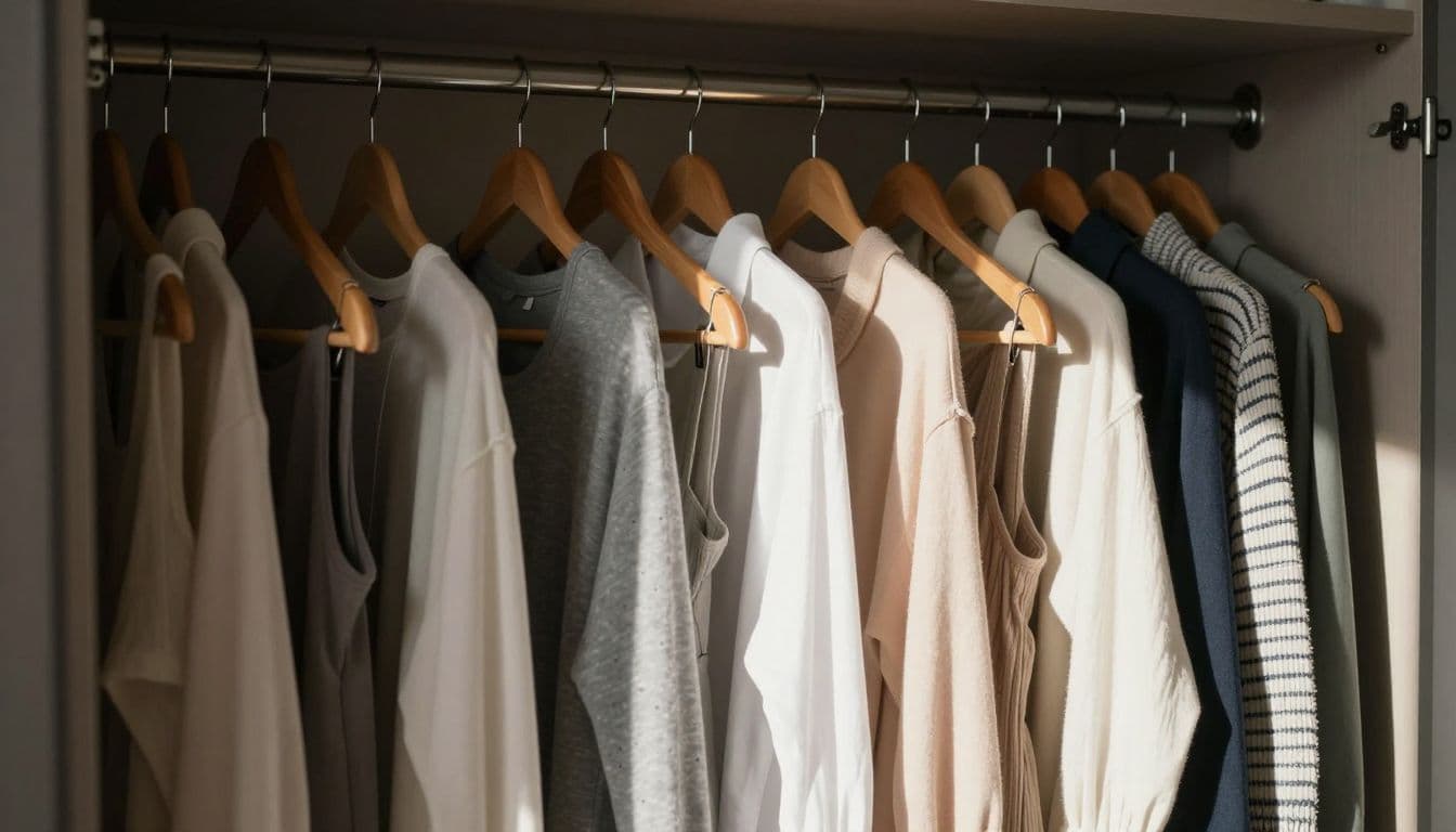 Neatly arranged maternity garments hang on smooth wooden hangers inside a bright closet. Soft daylight streams through the side to highlight the quality fabric textures and the organized clothing rail.
