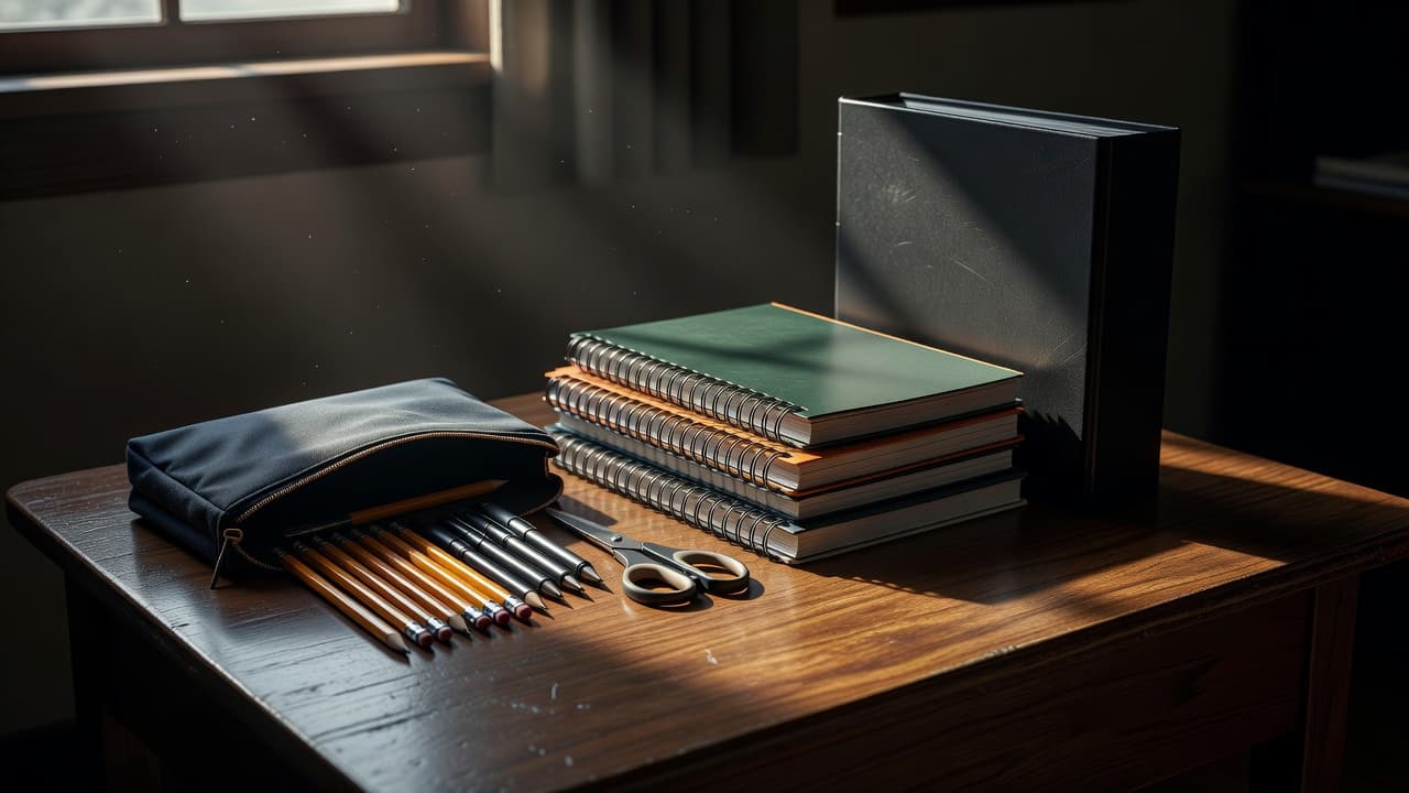 A wooden desk surface holds an assortment of academic tools including colorful stacked notebooks, a zippered pencil pouch, a metal binder, and various pens. Dramatic side lighting highlights the neat arrangement.