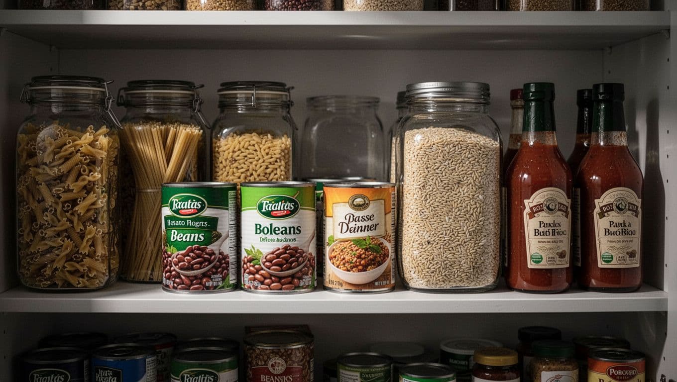 Glass jars filled with pasta and grains rest neatly beside canned beans and bottled sauces on wooden pantry shelves. Cinematic lighting emphasizes the textures of ingredients to aid quick meal preparation.