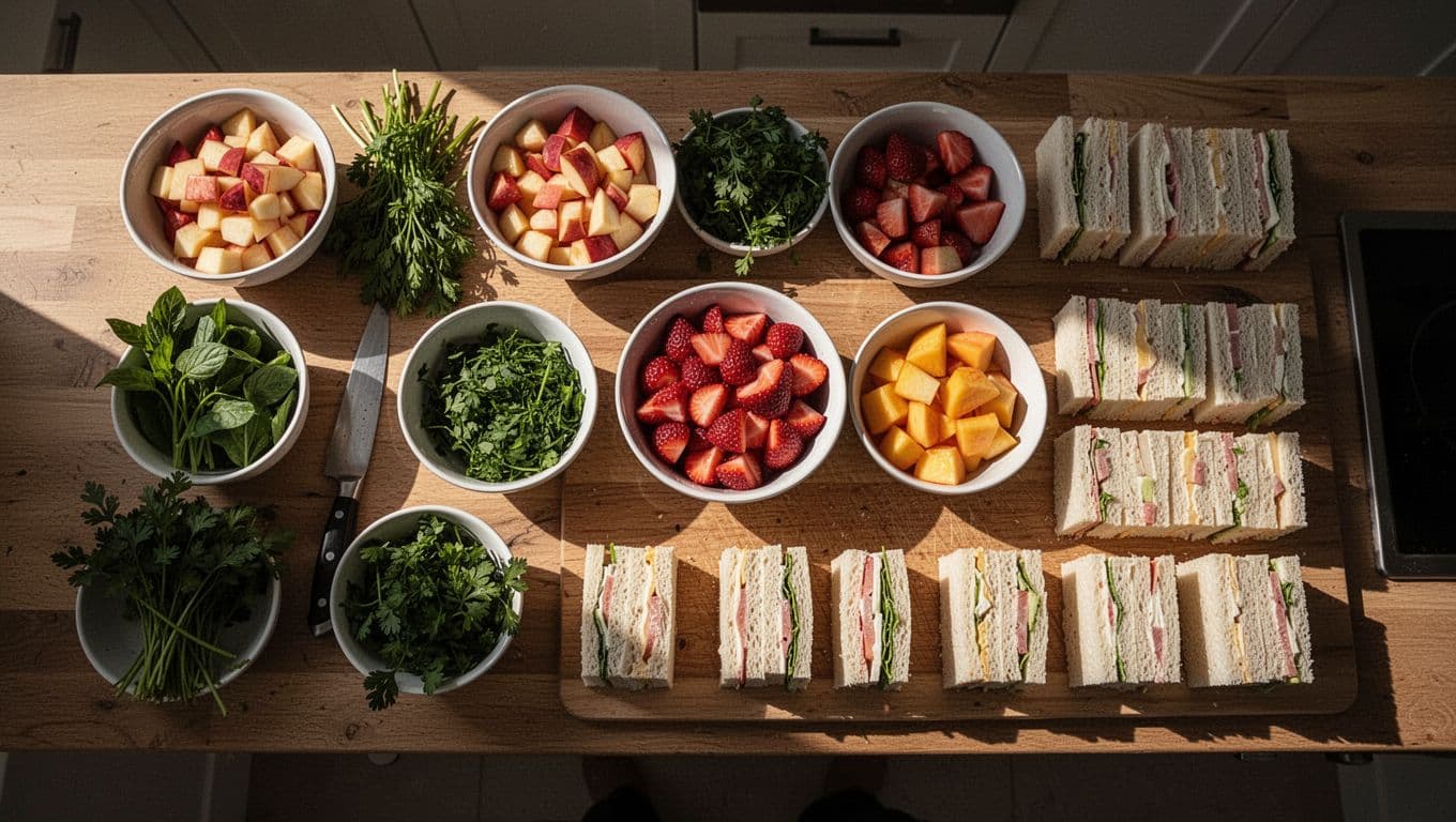 A rustic wooden counter displays organized bowls of fresh chopped fruit, aromatic green herbs, and rows of tea sandwiches. Soft side lighting casts gentle shadows across the vibrant, ready-to-serve ingredients.