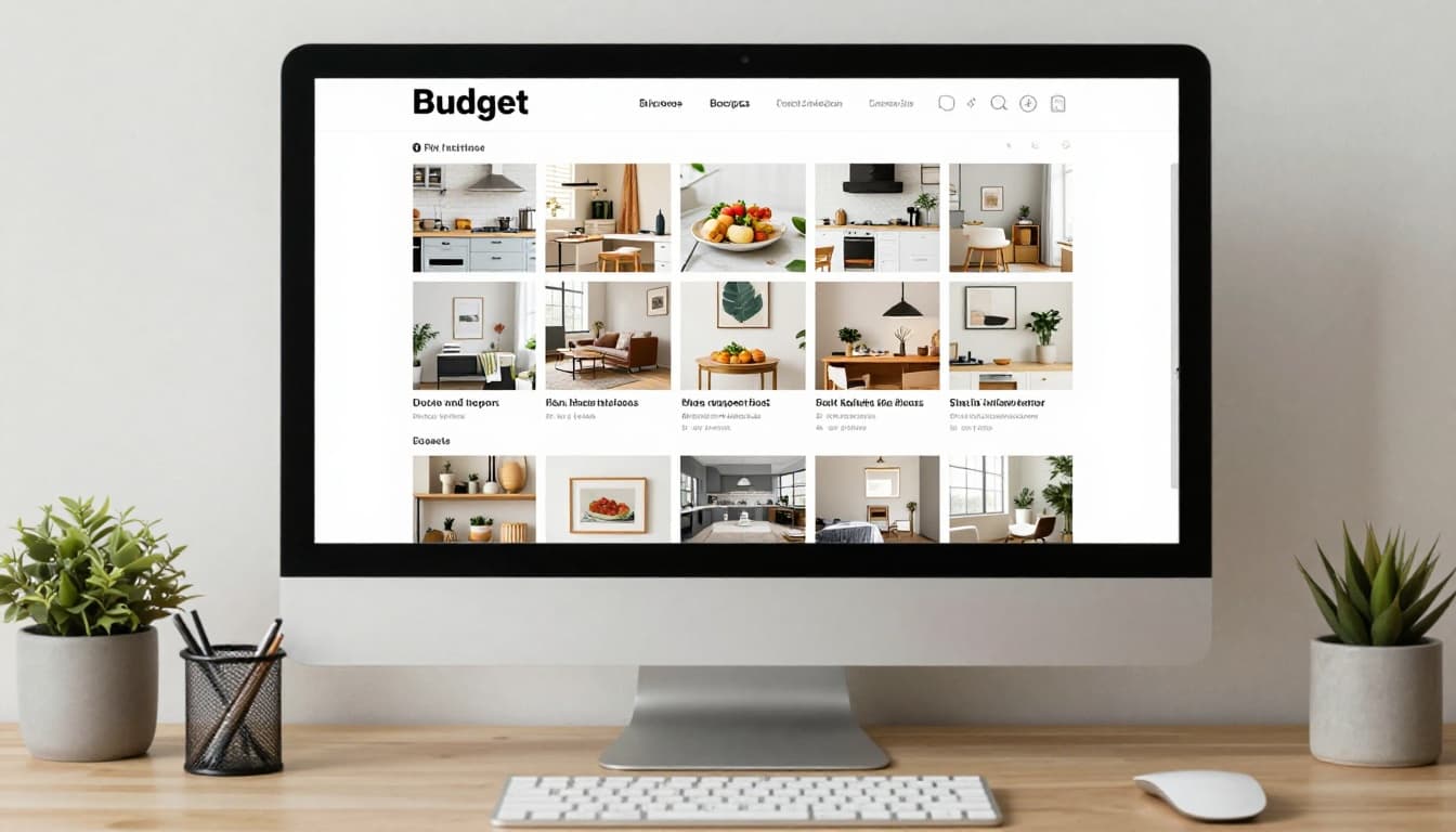 Computer screen on desk shows organized Pinterest boards covering budgeting, recipes, and home decor.