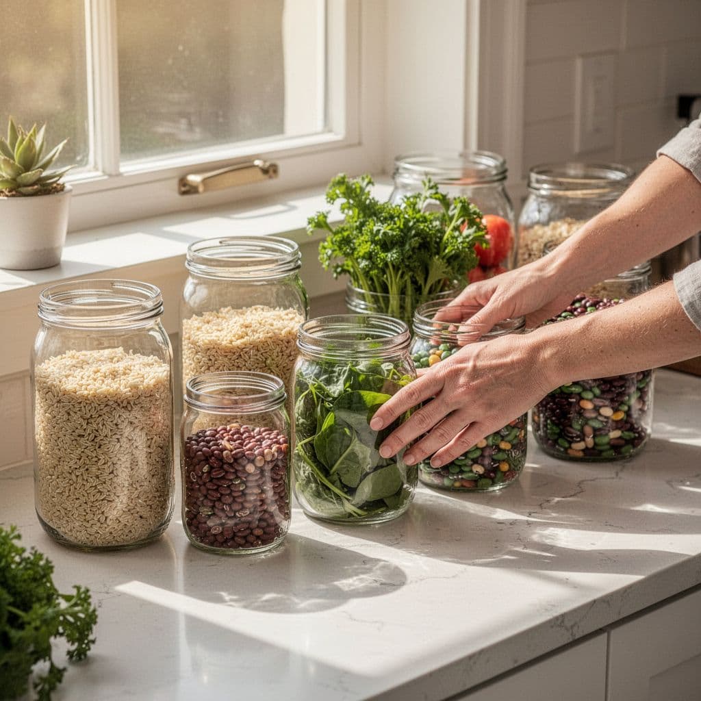 Hands arrange glass containers filled with prepped vegetables, grains, and beans on a sunlit kitchen counter.