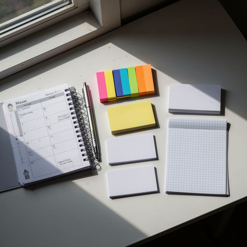 A flat-lay perspective reveals a student planner, vibrant sticky notes, blank index cards, and graph paper arranged neatly on a surface. Dramatic lighting casts sharp shadows to create significant visual depth.